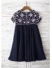 Beaded Short Sleeves Navy Blue Chiffon Knee Length Flower Girl Dress